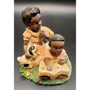 Vintage African American Boy And Girl Figurine Reading Book And Eating Ice Cream